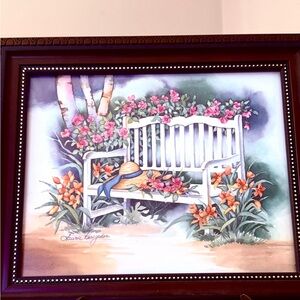 Cottage Core framed pretty flowers white bench watercolor Laura Korsgaden 12x10